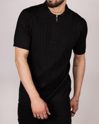 Ribbed Knit Zip Polo Shirt