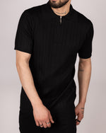 Ribbed Knit Zip Polo Shirt