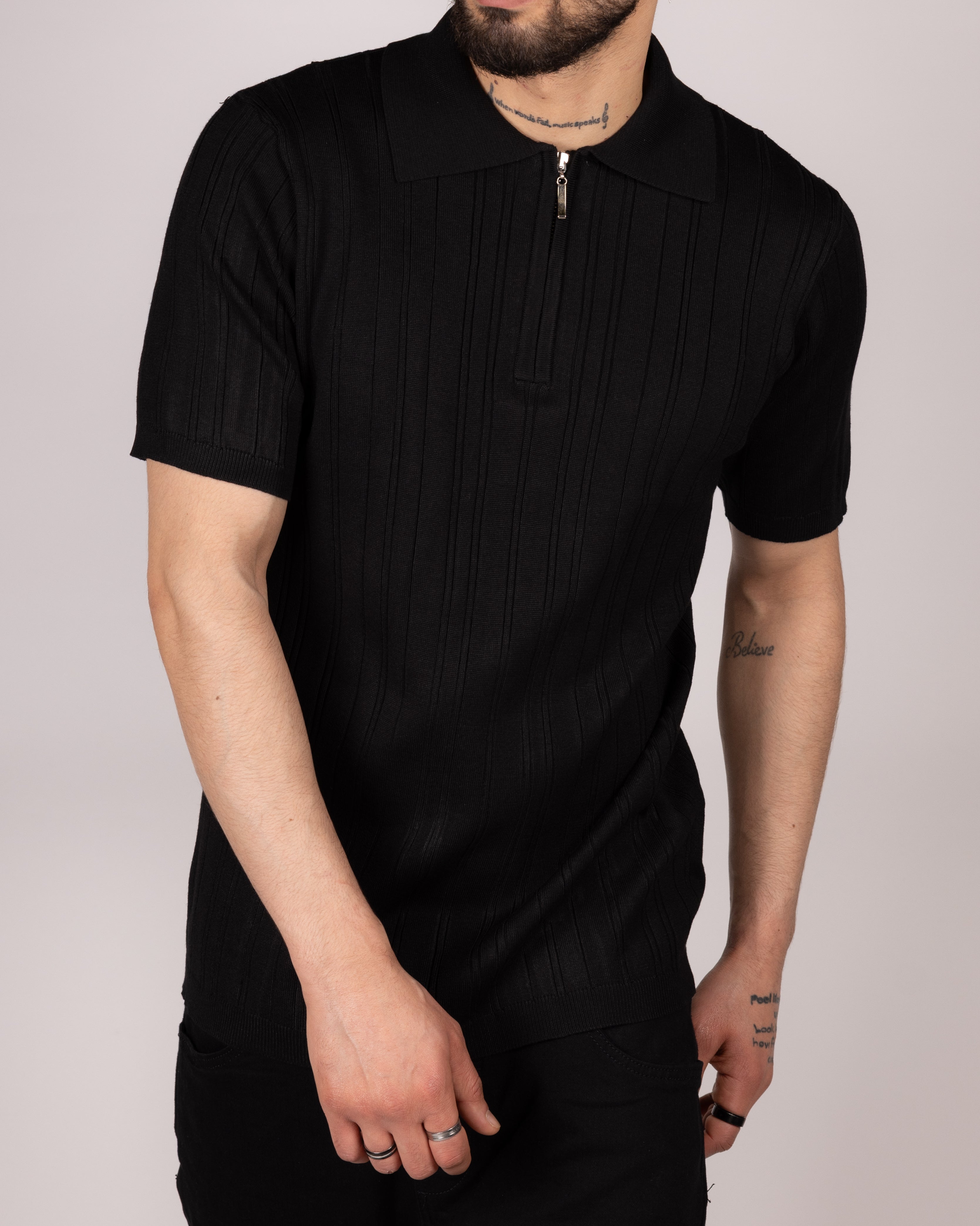 Ribbed Knit Zip Polo Shirt