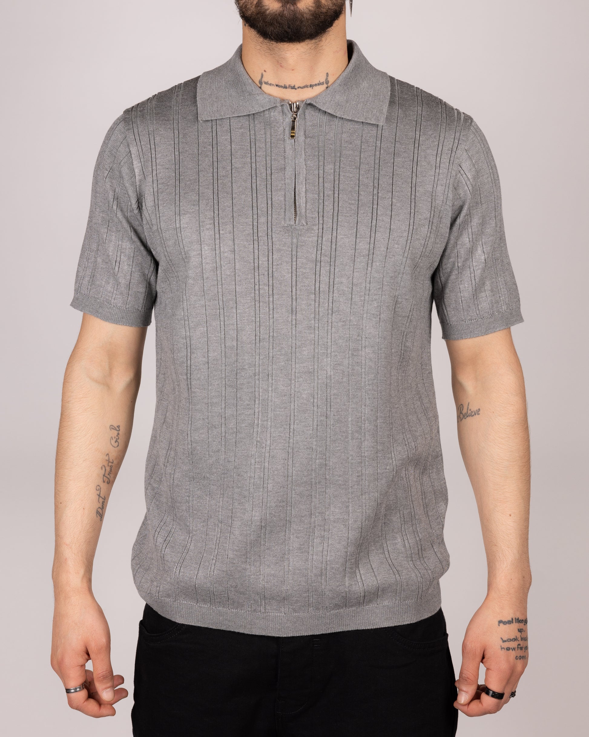 Ribbed Knit Zip Polo Shirt