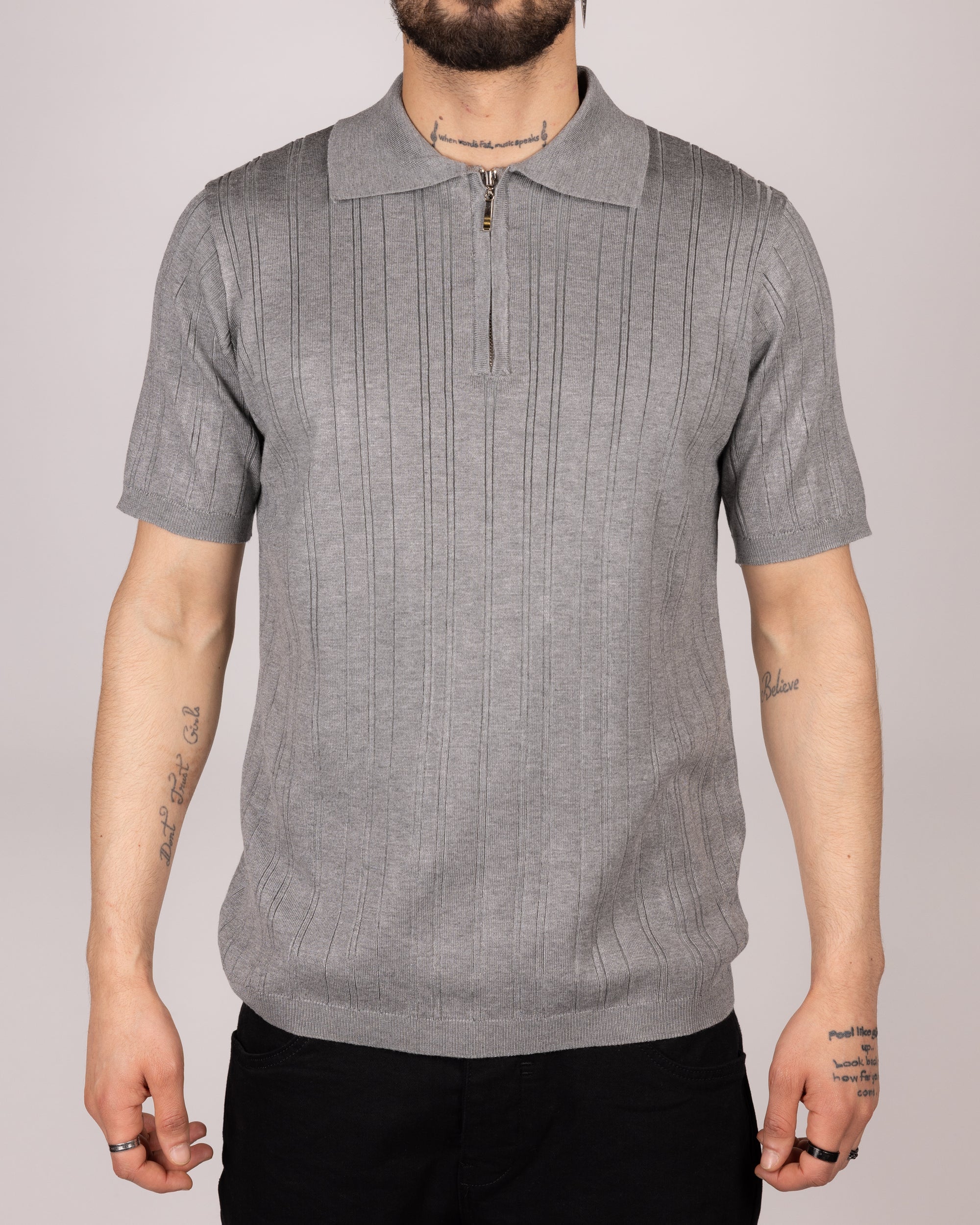 Ribbed Knit Zip Polo Shirt