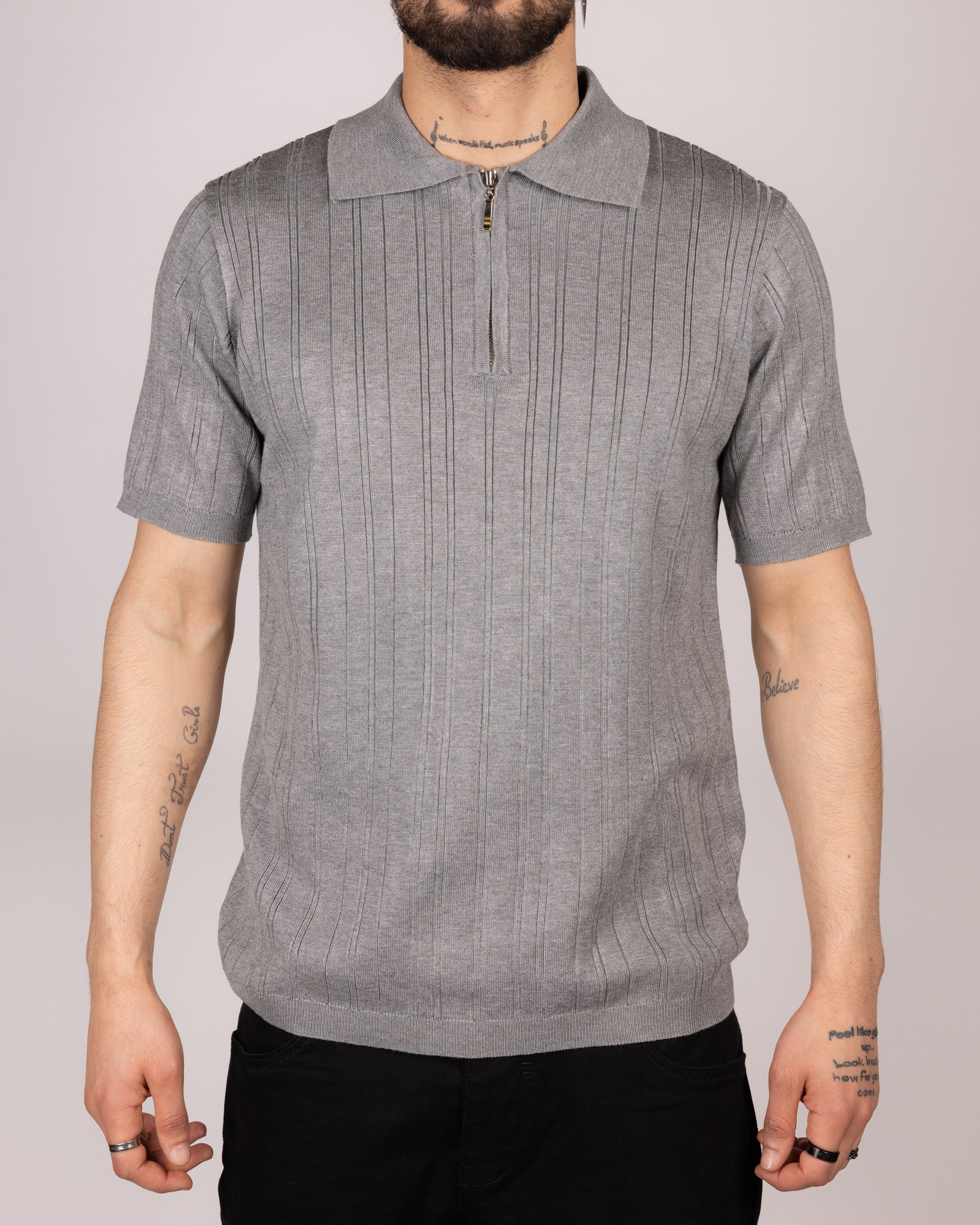 Ribbed Knit Zip Polo Shirt