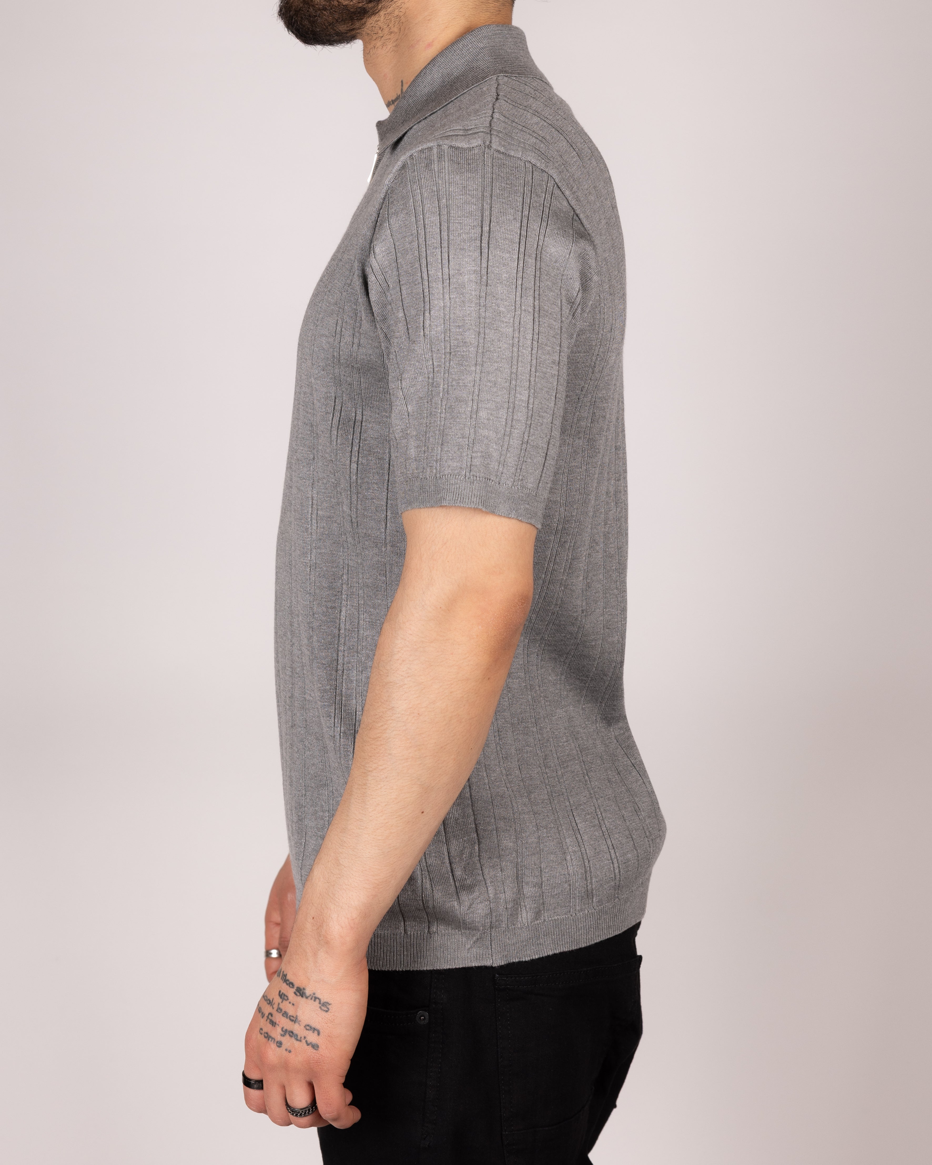 Ribbed Knit Zip Polo Shirt