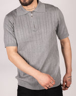 Ribbed Knit Zip Polo Shirt