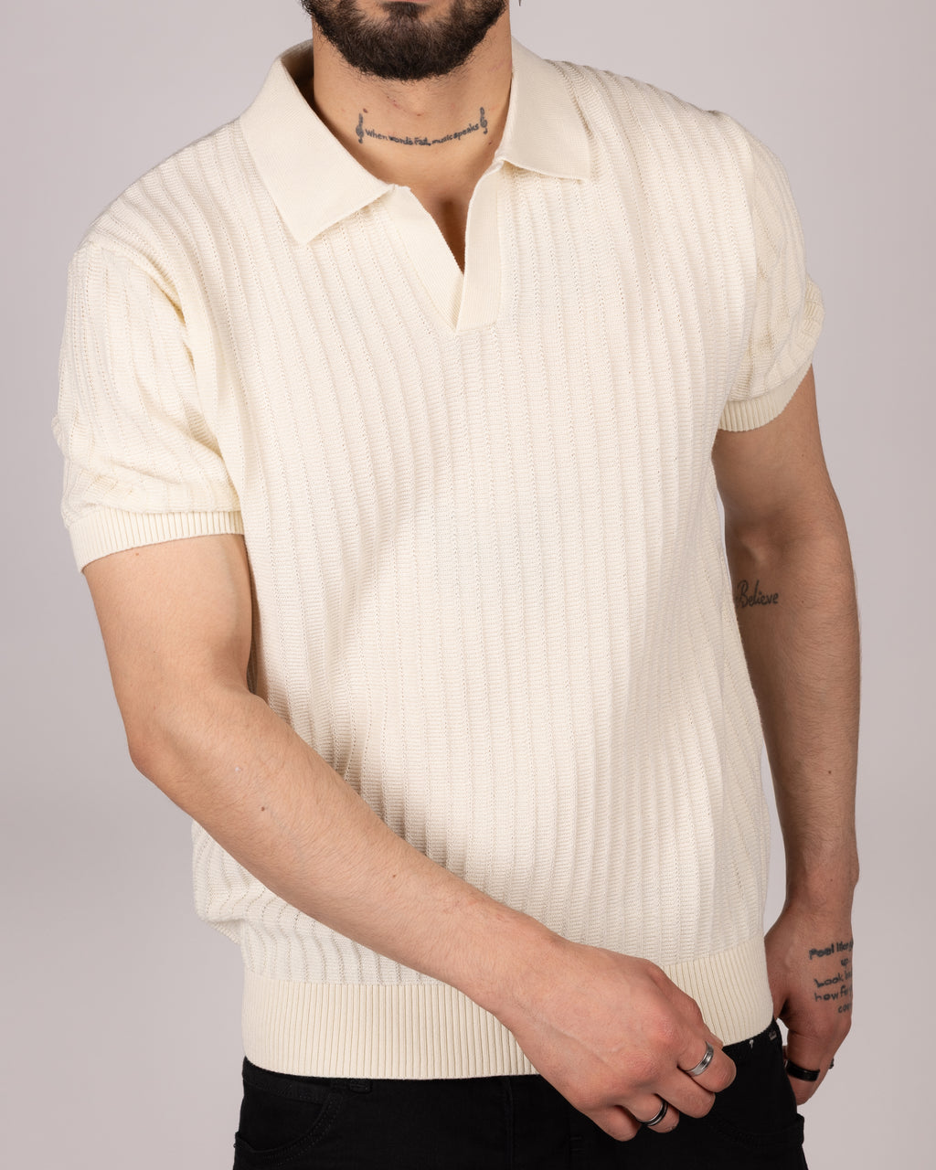 Open Collared Ribbed Polo Shirt