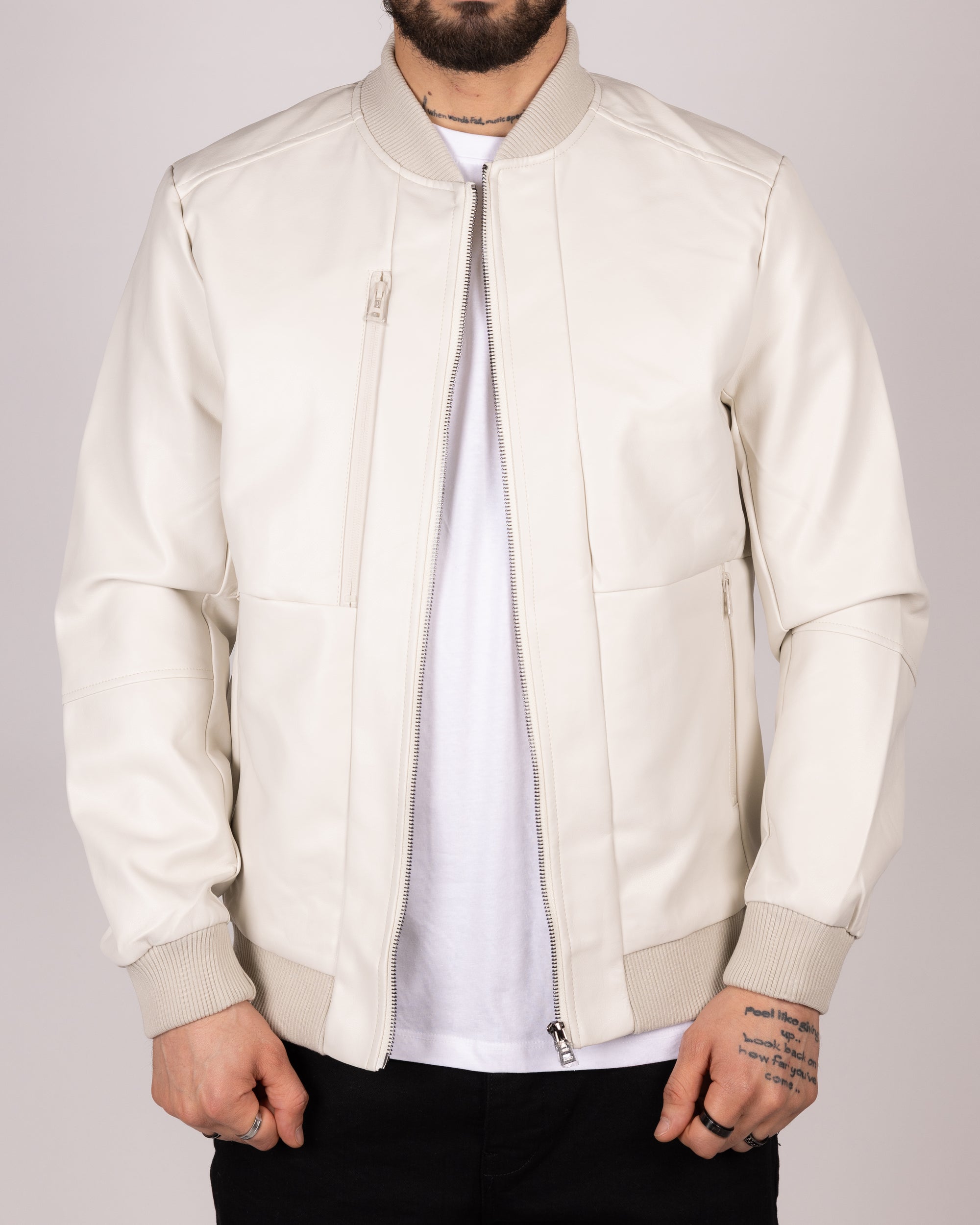 Bomber Faux Leather Jacket With Ribbed Trim