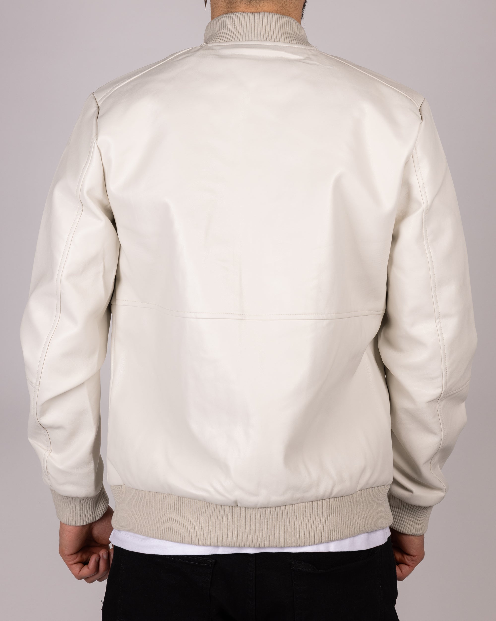 Bomber Faux Leather Jacket With Ribbed Trim