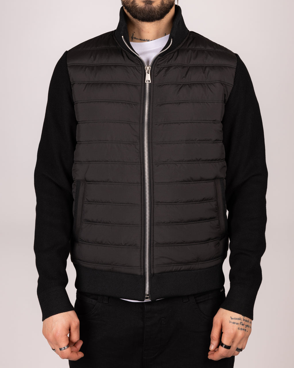 Quilted Zip Up Jacket With Knitted Sleeves