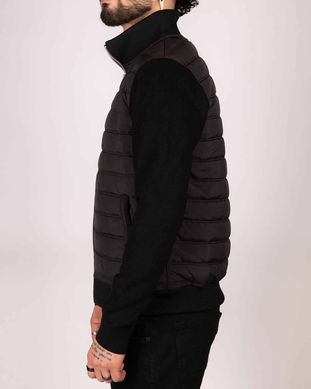 Quilted Zip Up Jacket With Knitted Sleeves