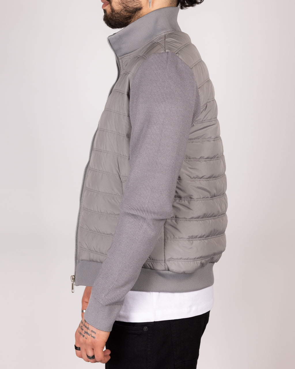 Quilted Zip Up Jacket With Knitted Sleeves
