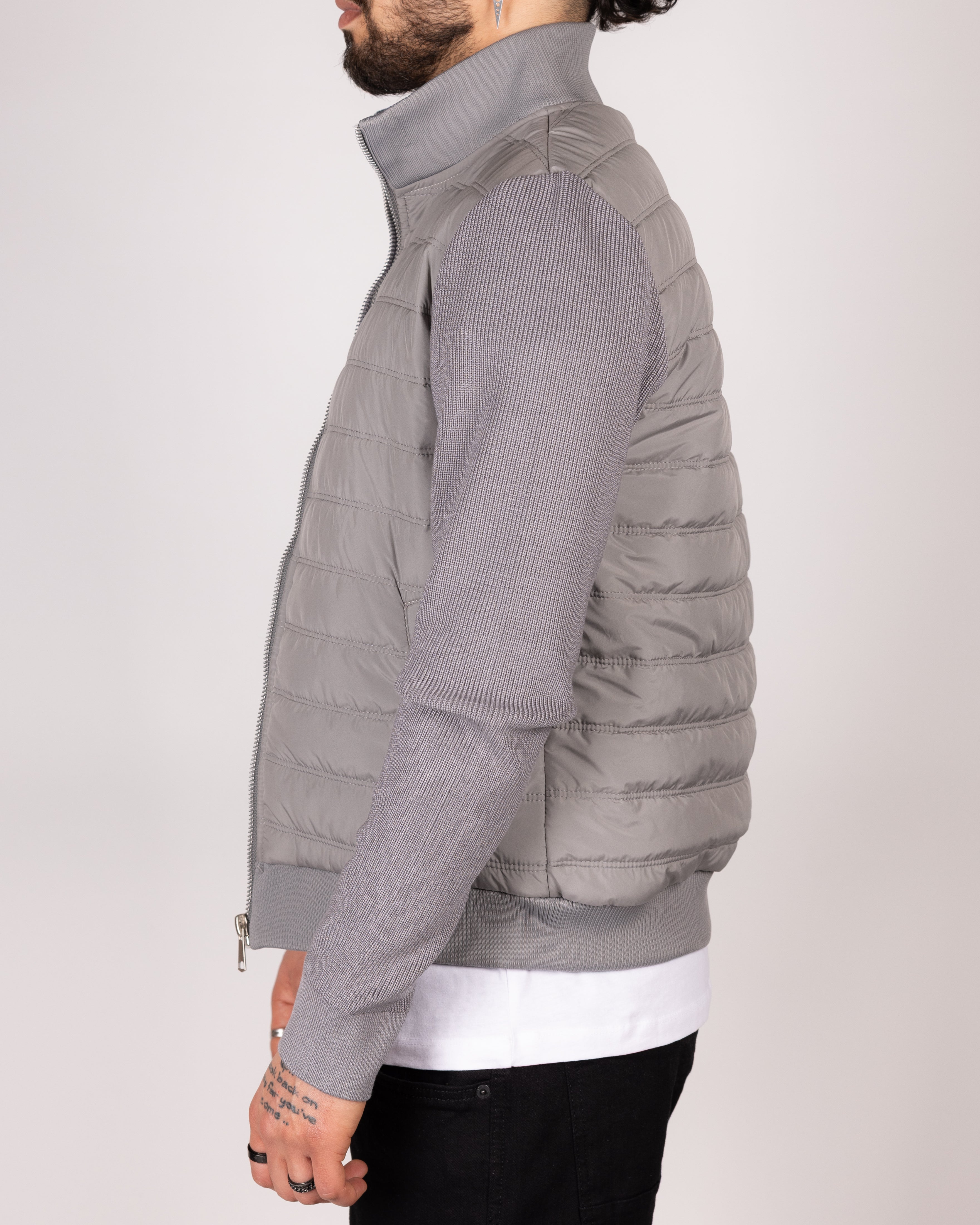 Quilted Zip Up Jacket With Knitted Sleeves