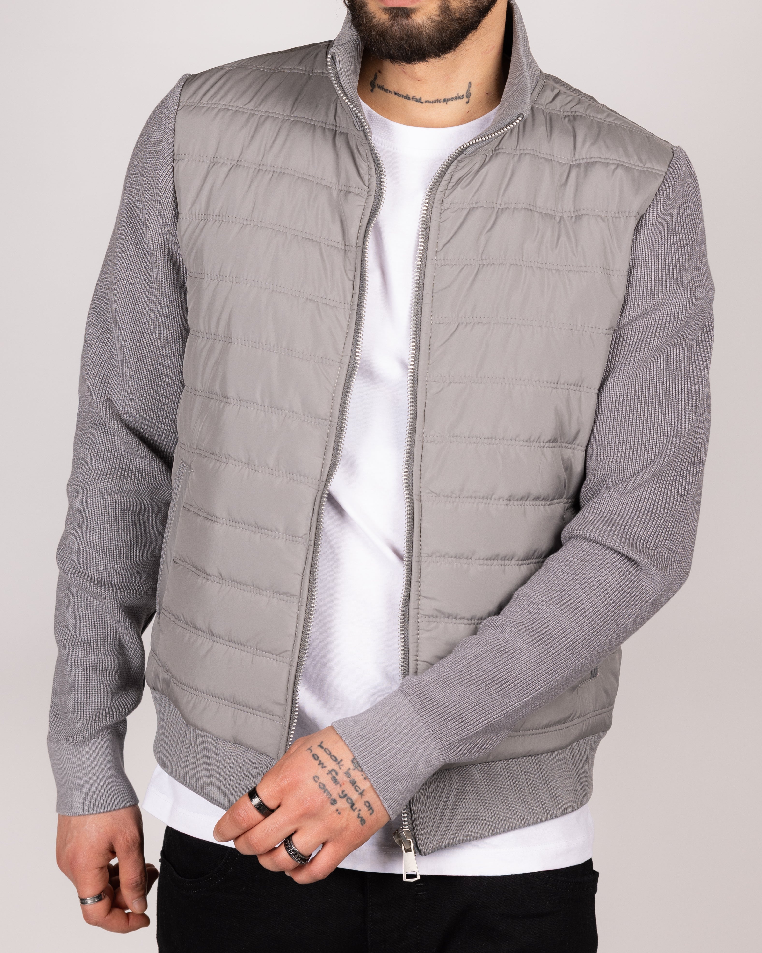 Quilted Zip Up Jacket With Knitted Sleeves