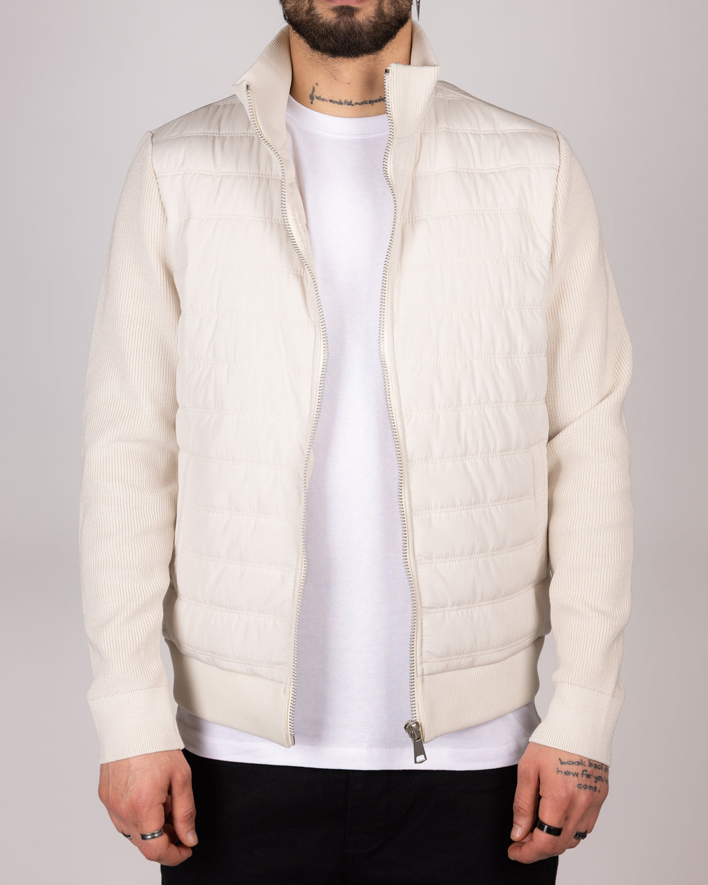 Quilted Zip Up Jacket With Knitted Sleeves