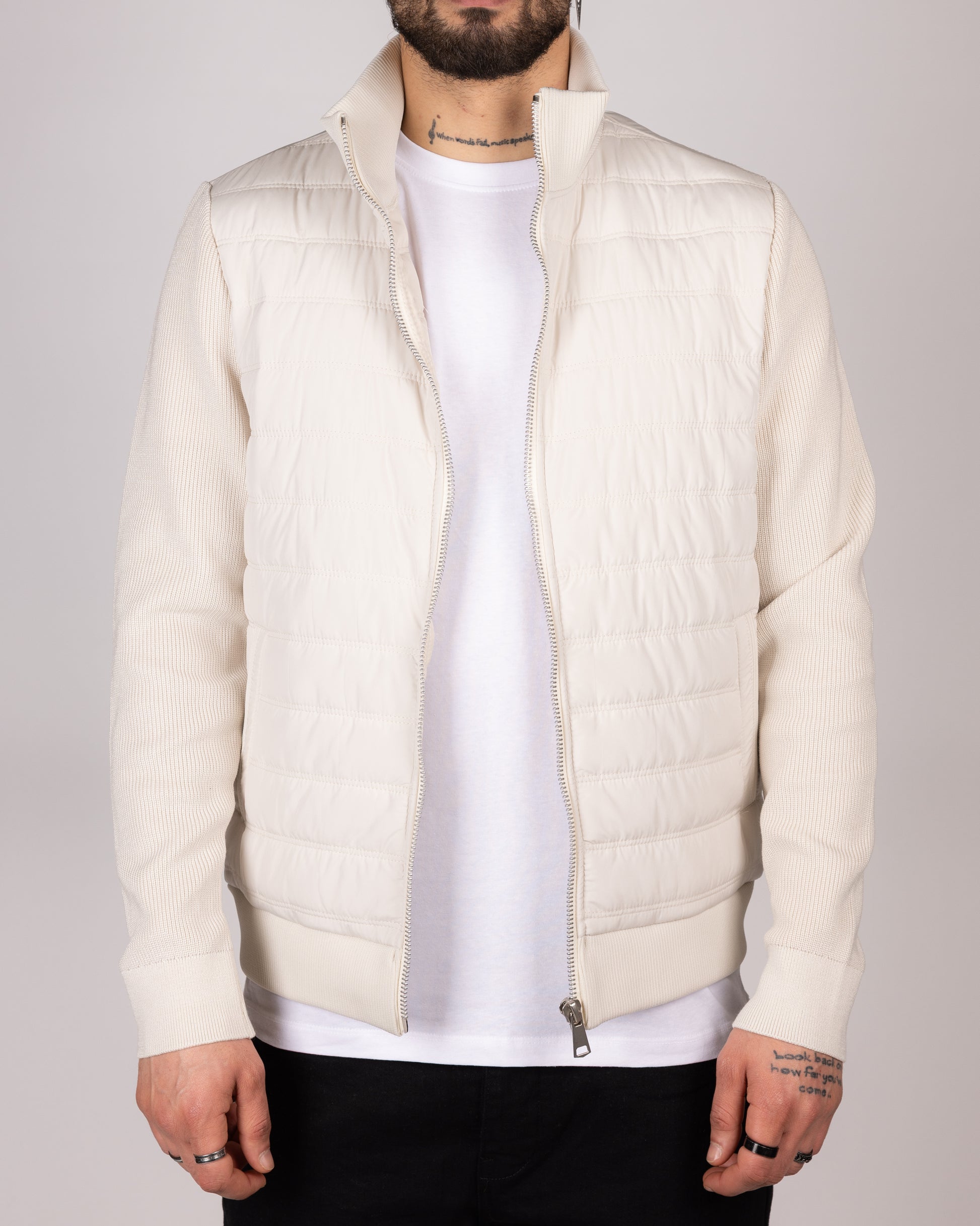 Quilted Zip Up Jacket With Knitted Sleeves