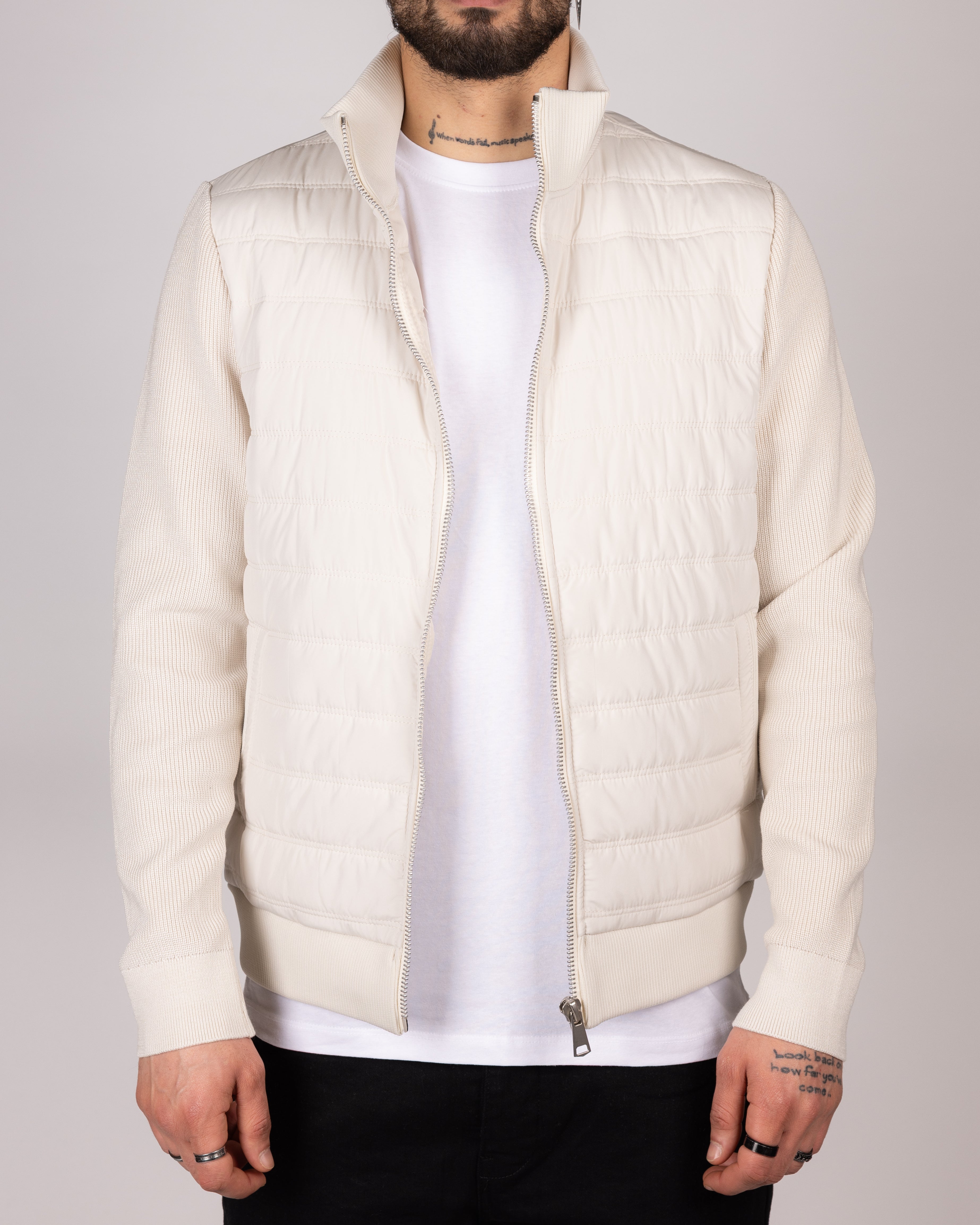 Quilted Zip Up Jacket With Knitted Sleeves