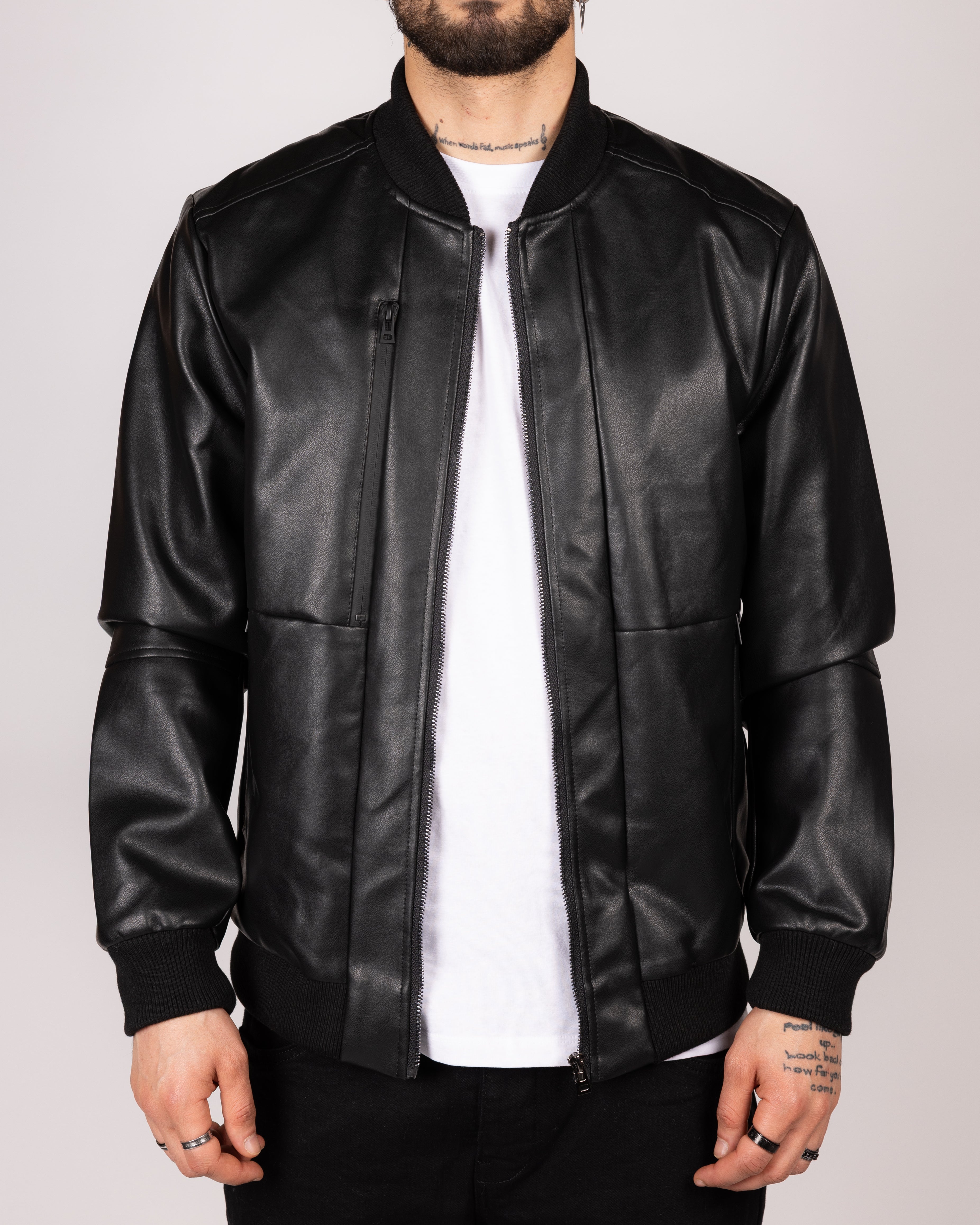 Men's Bomber Faux Leather Jacket With Ribbed Trim – Milano Couture