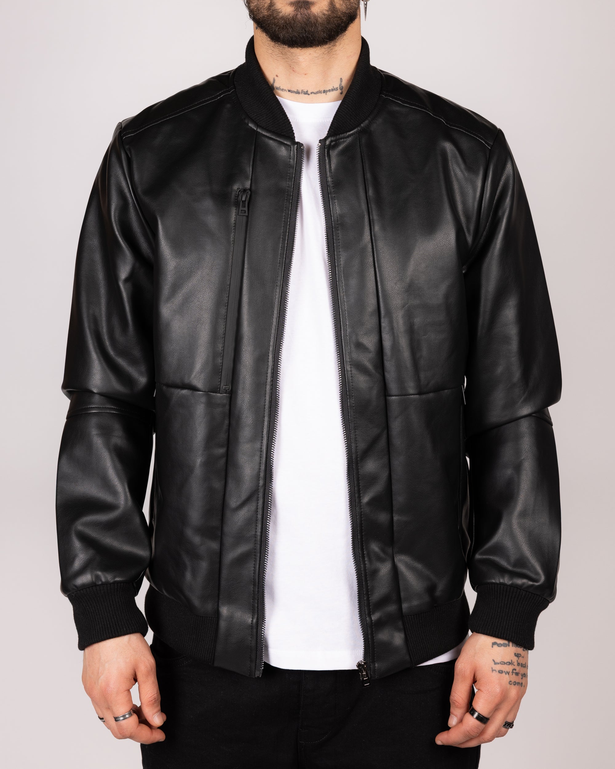 Bomber Faux Leather Jacket With Ribbed Trim