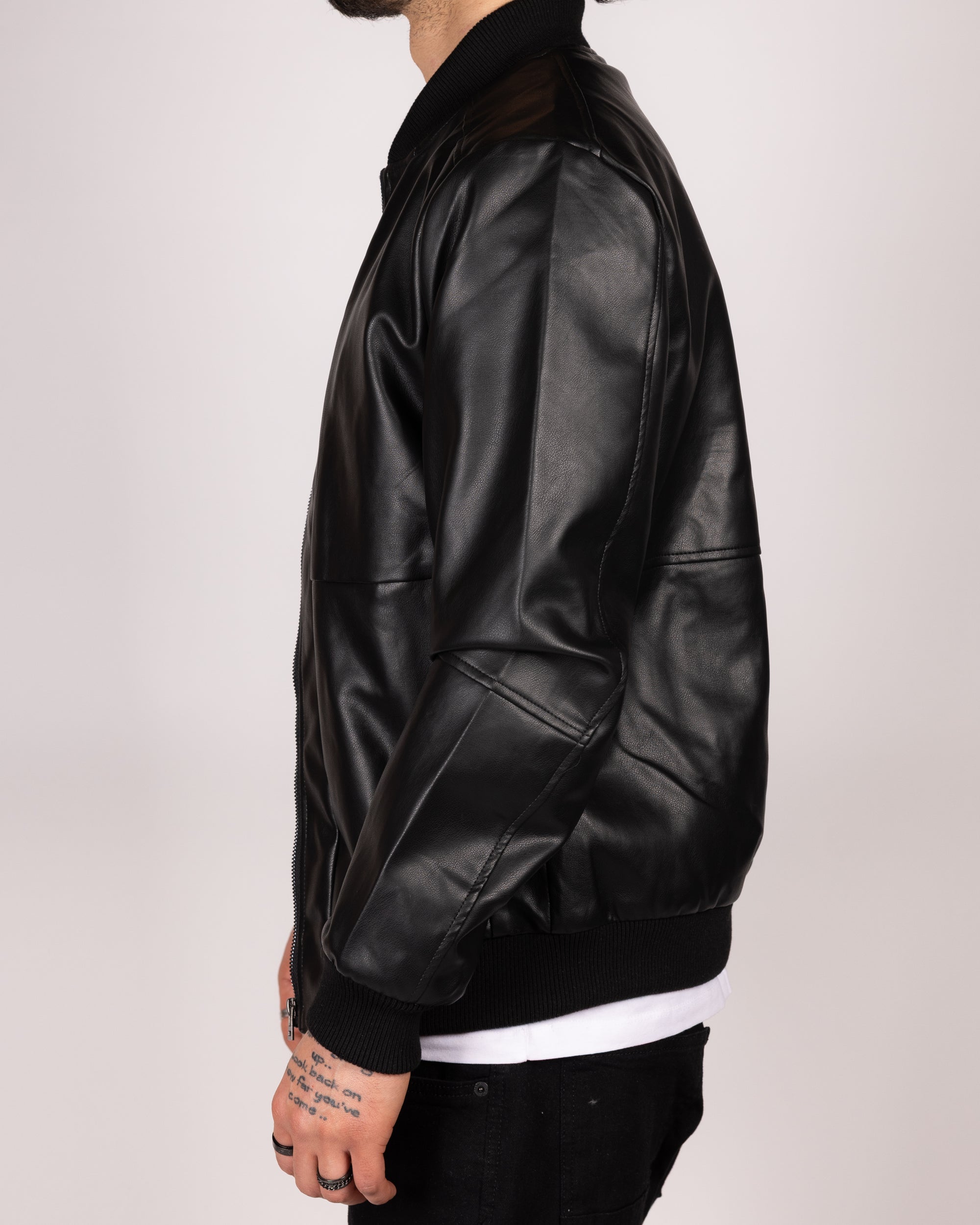 Bomber Faux Leather Jacket With Ribbed Trim