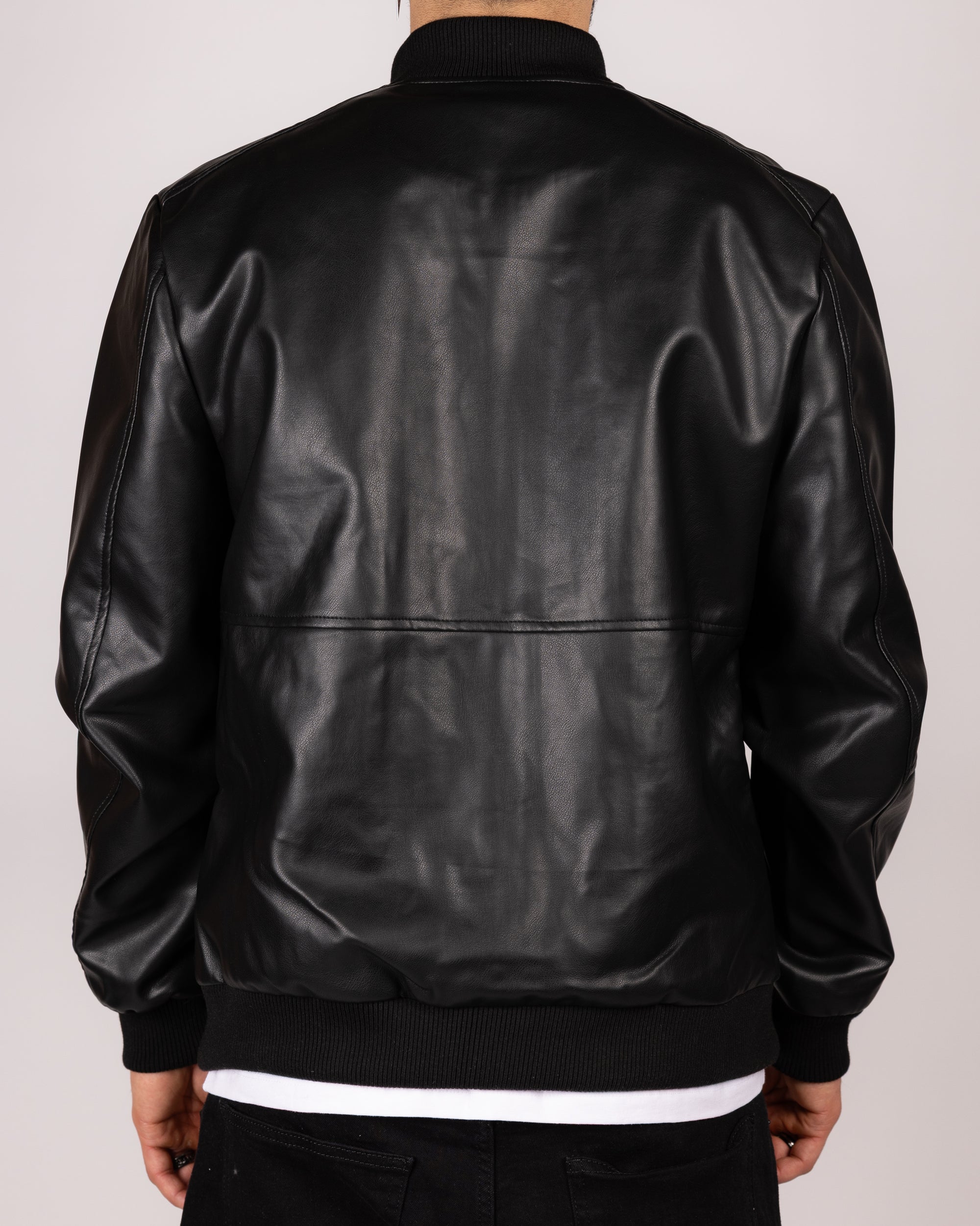 Bomber Faux Leather Jacket With Ribbed Trim