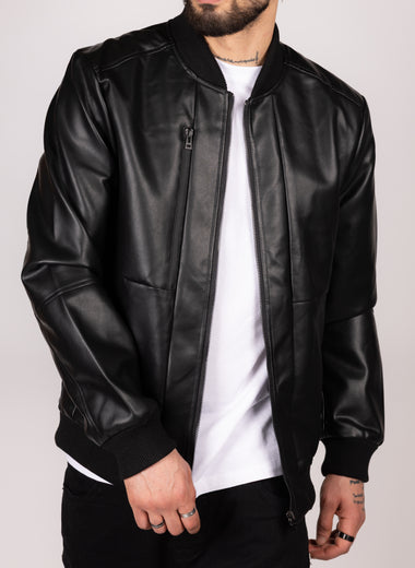 Bomber Faux Leather Jacket With Ribbed Trim