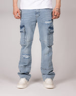 Distressed Blue Cargo Jeans With Utility Pockets