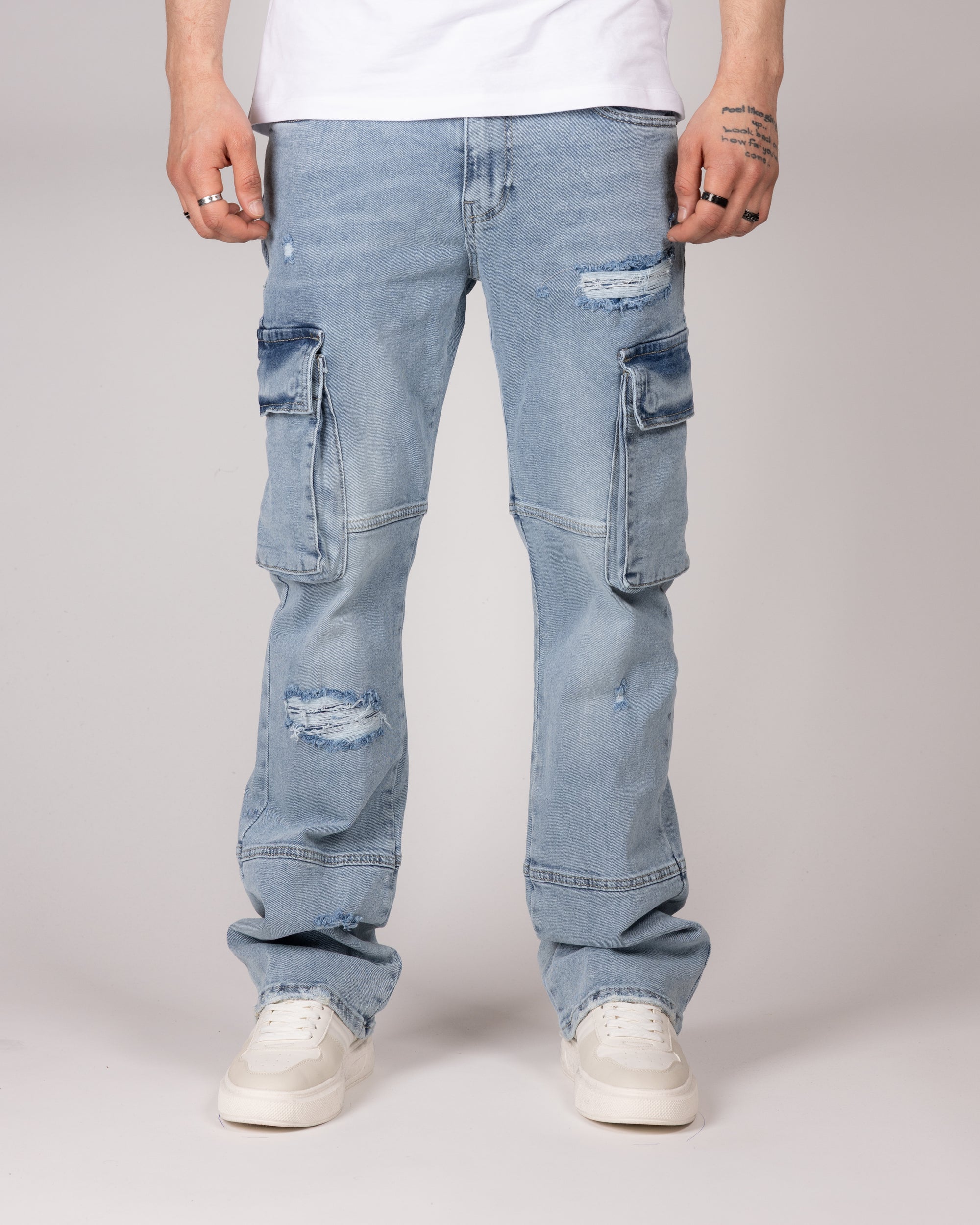 Distressed Blue Cargo Jeans With Utility Pockets