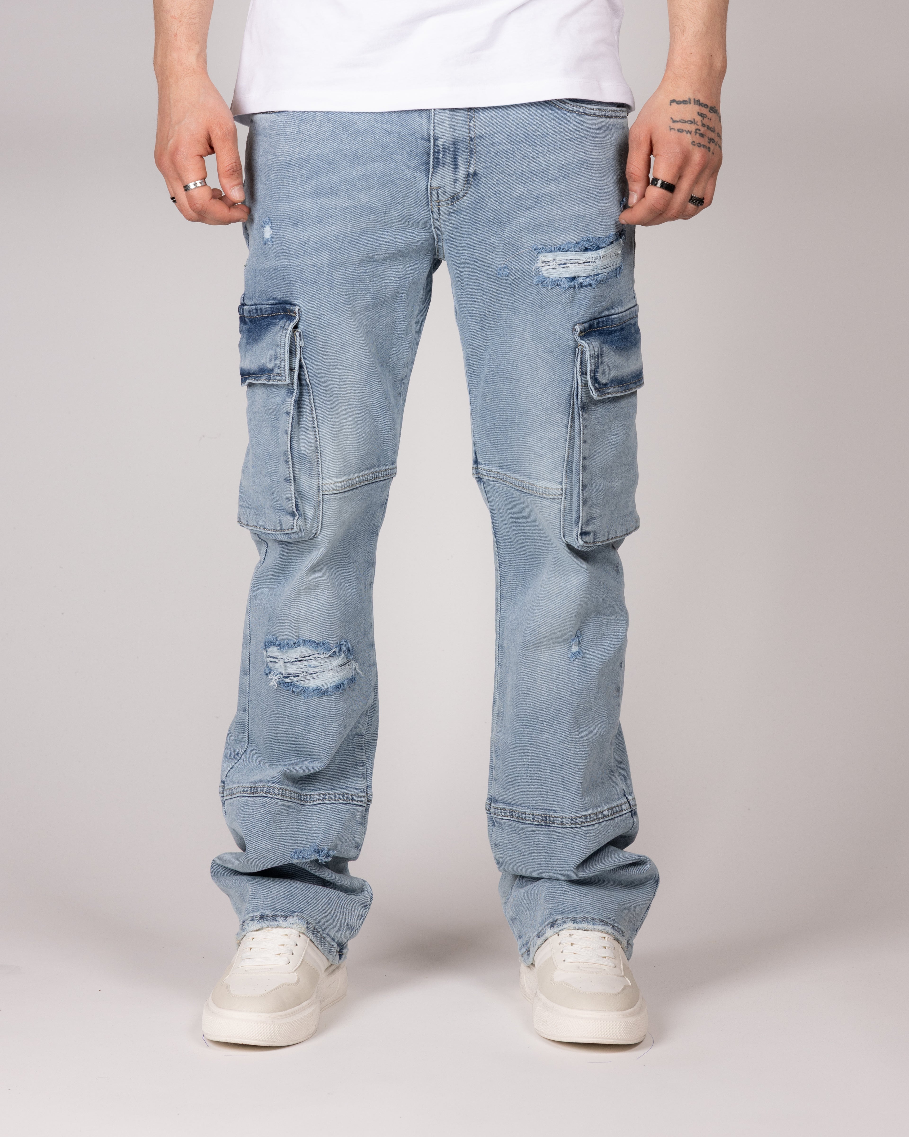 Distressed Blue Cargo Jeans With Utility Pockets