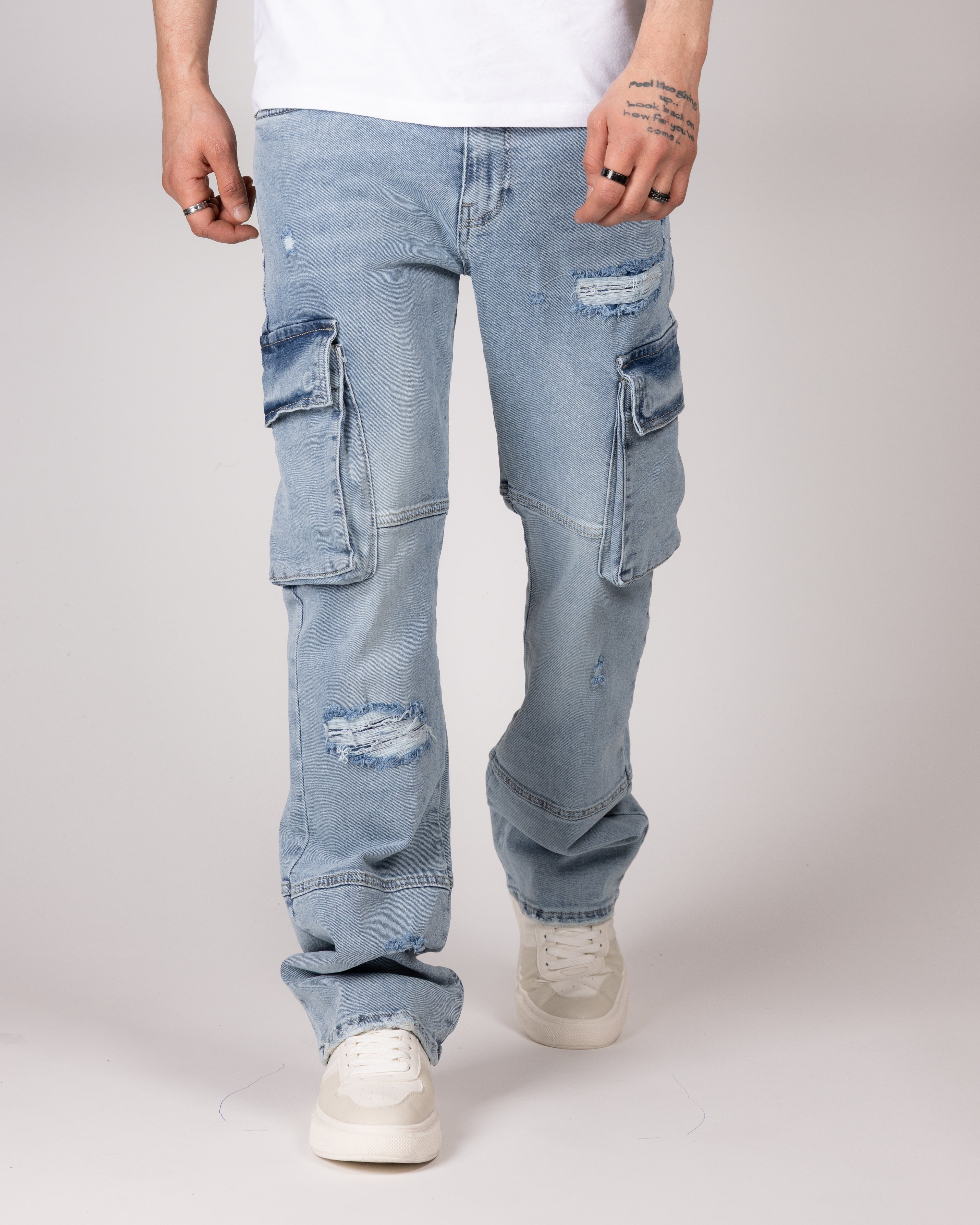 Distressed Blue Cargo Jeans With Utility Pockets
