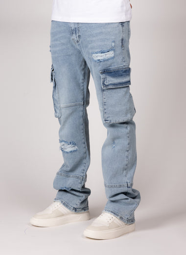 Distressed Blue Cargo Jeans With Utility Pockets