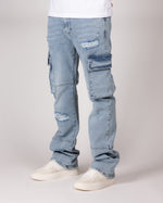 Distressed Blue Cargo Jeans With Utility Pockets