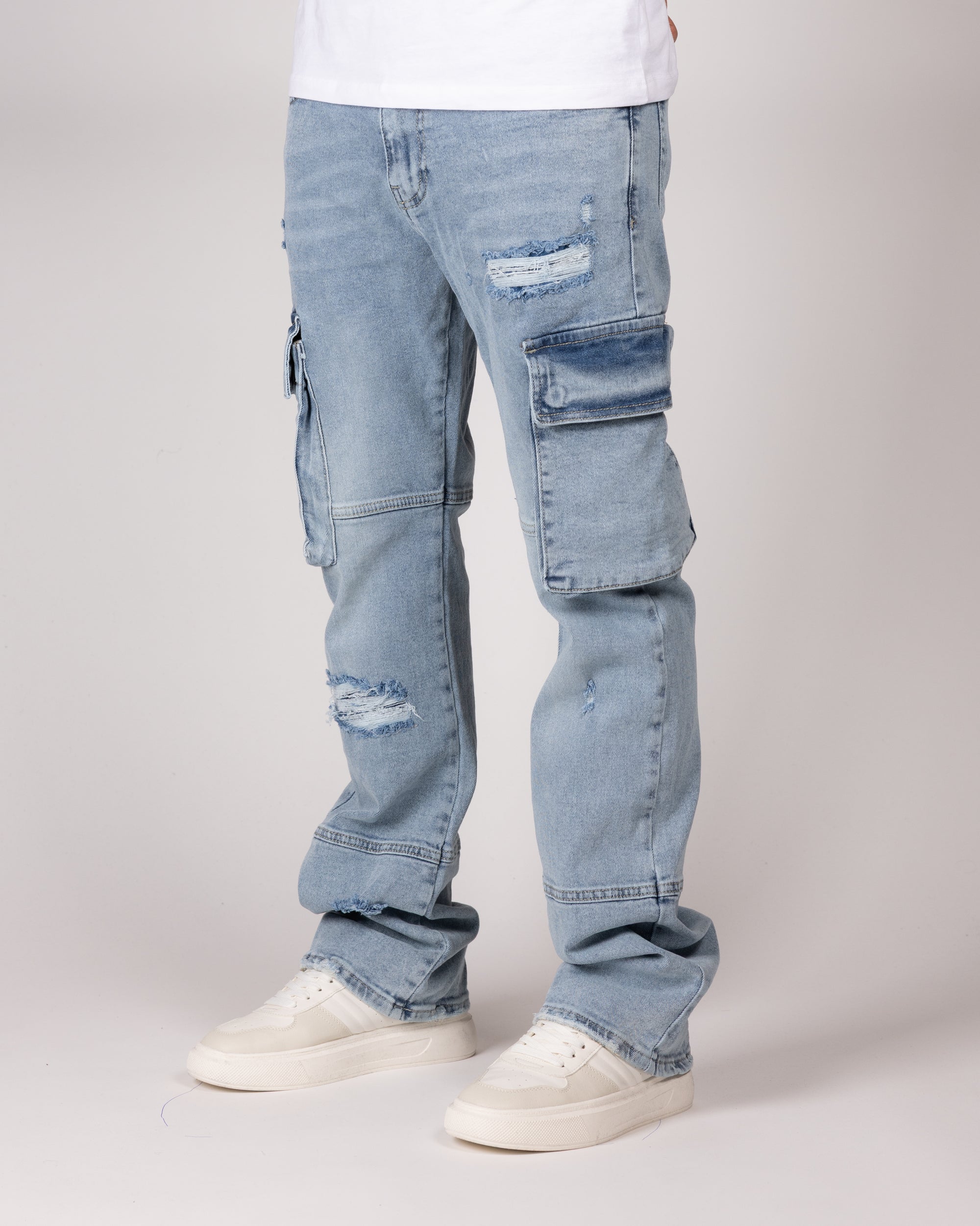 Distressed Blue Cargo Jeans With Utility Pockets