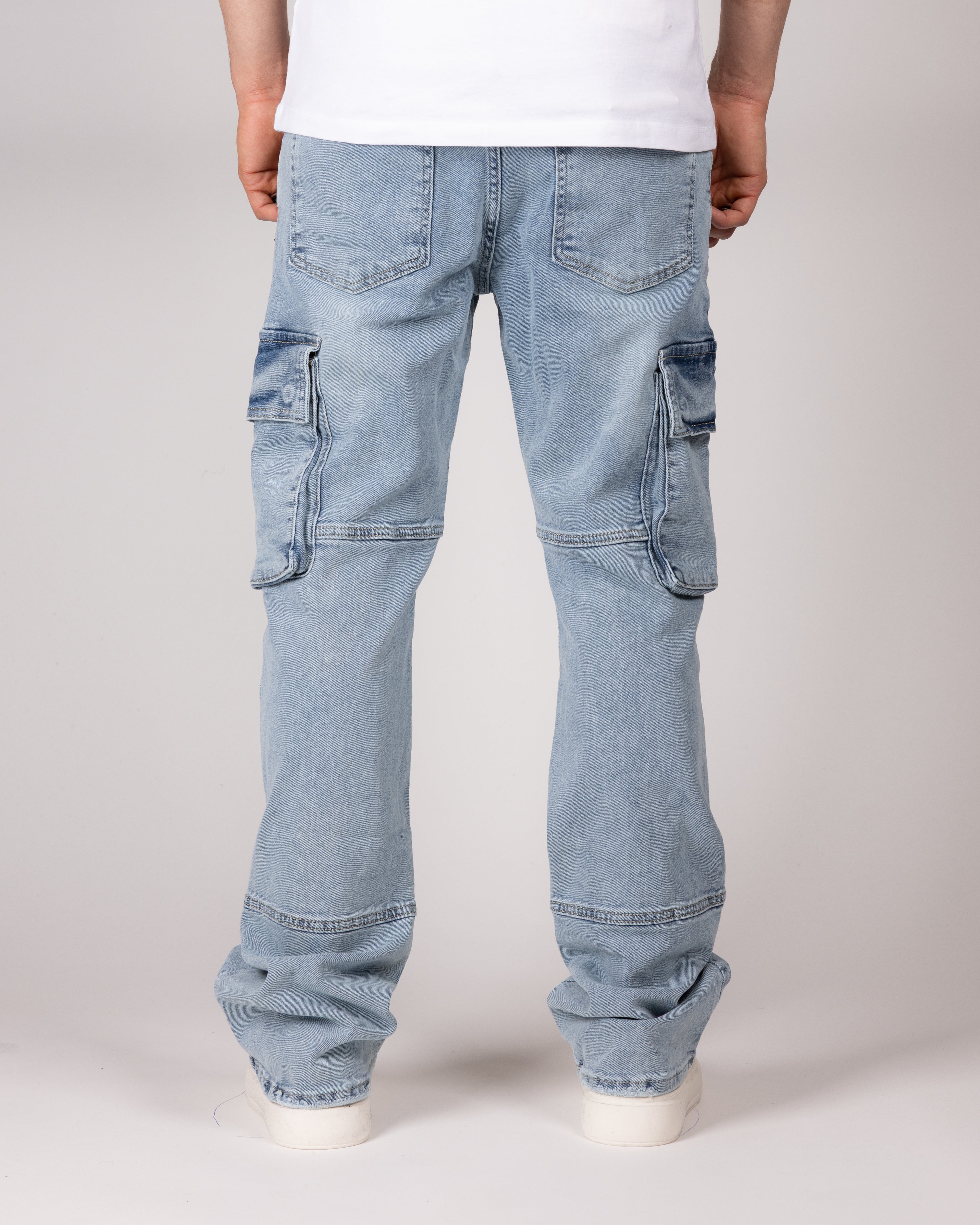 Distressed Blue Cargo Jeans With Utility Pockets