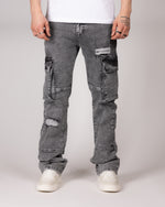 Distressed Grey Cargo Jeans With Utility Pockets
