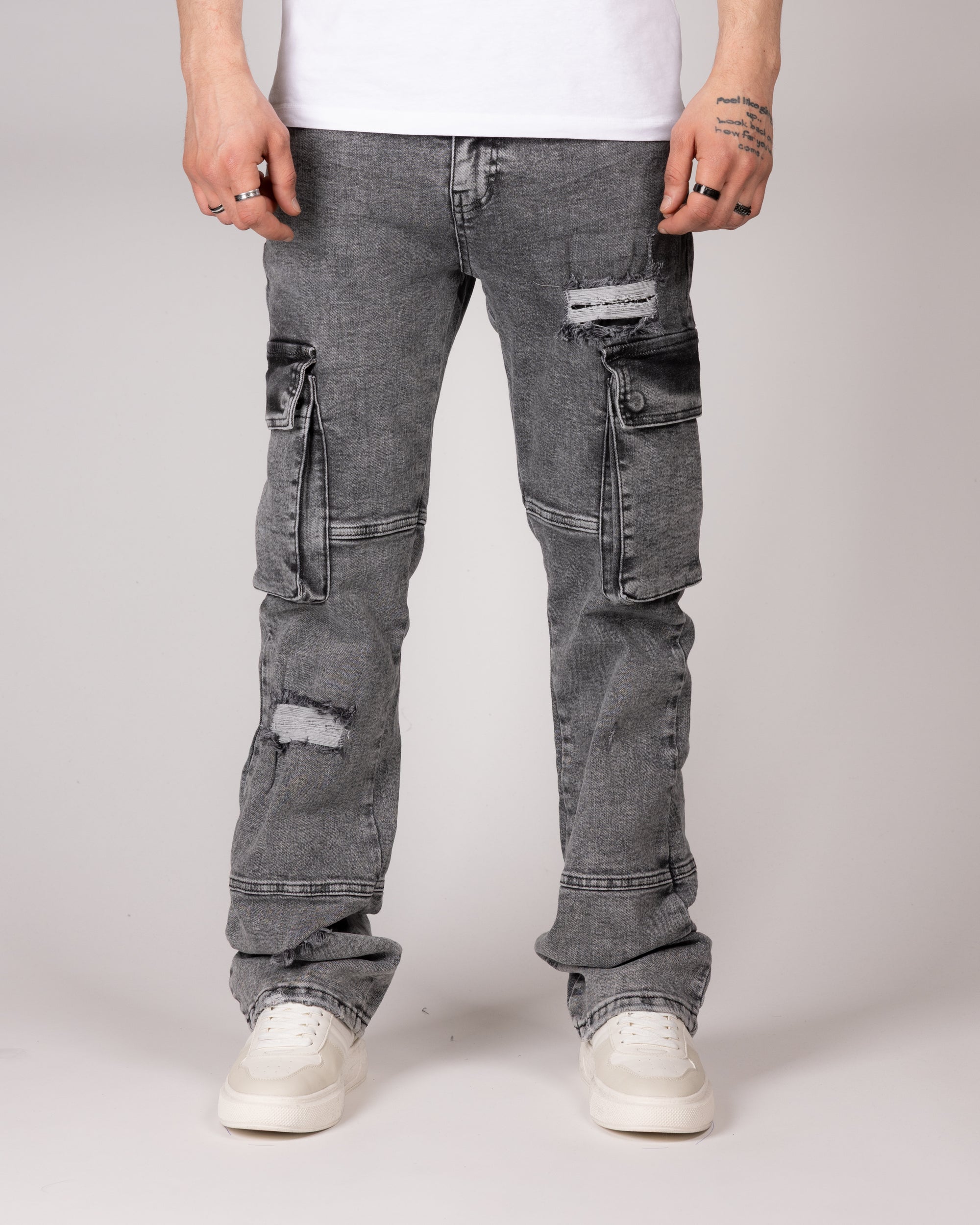Distressed Grey Cargo Jeans With Utility Pockets