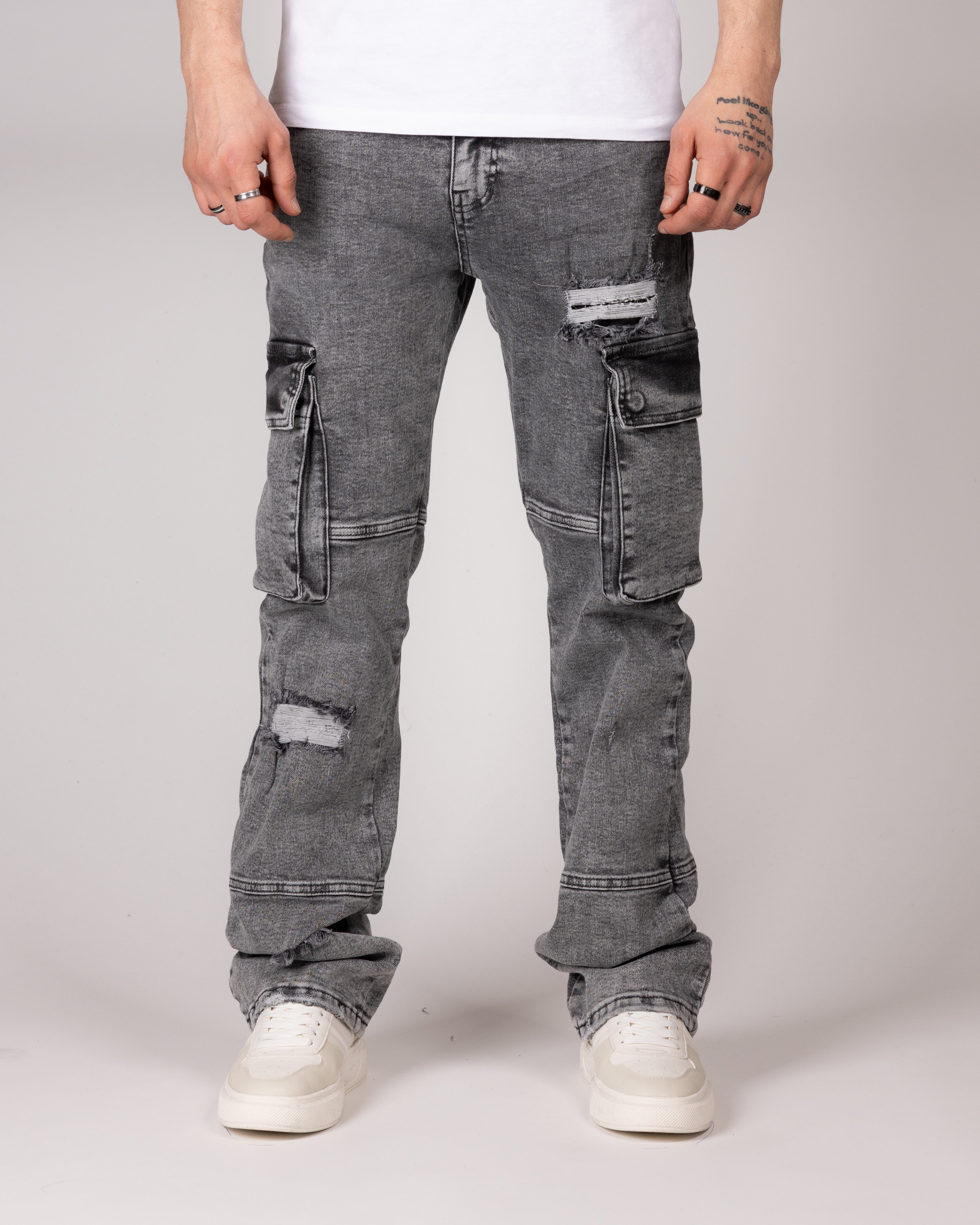 Distressed Grey Cargo Jeans With Utility Pockets