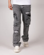 Distressed Grey Cargo Jeans With Utility Pockets