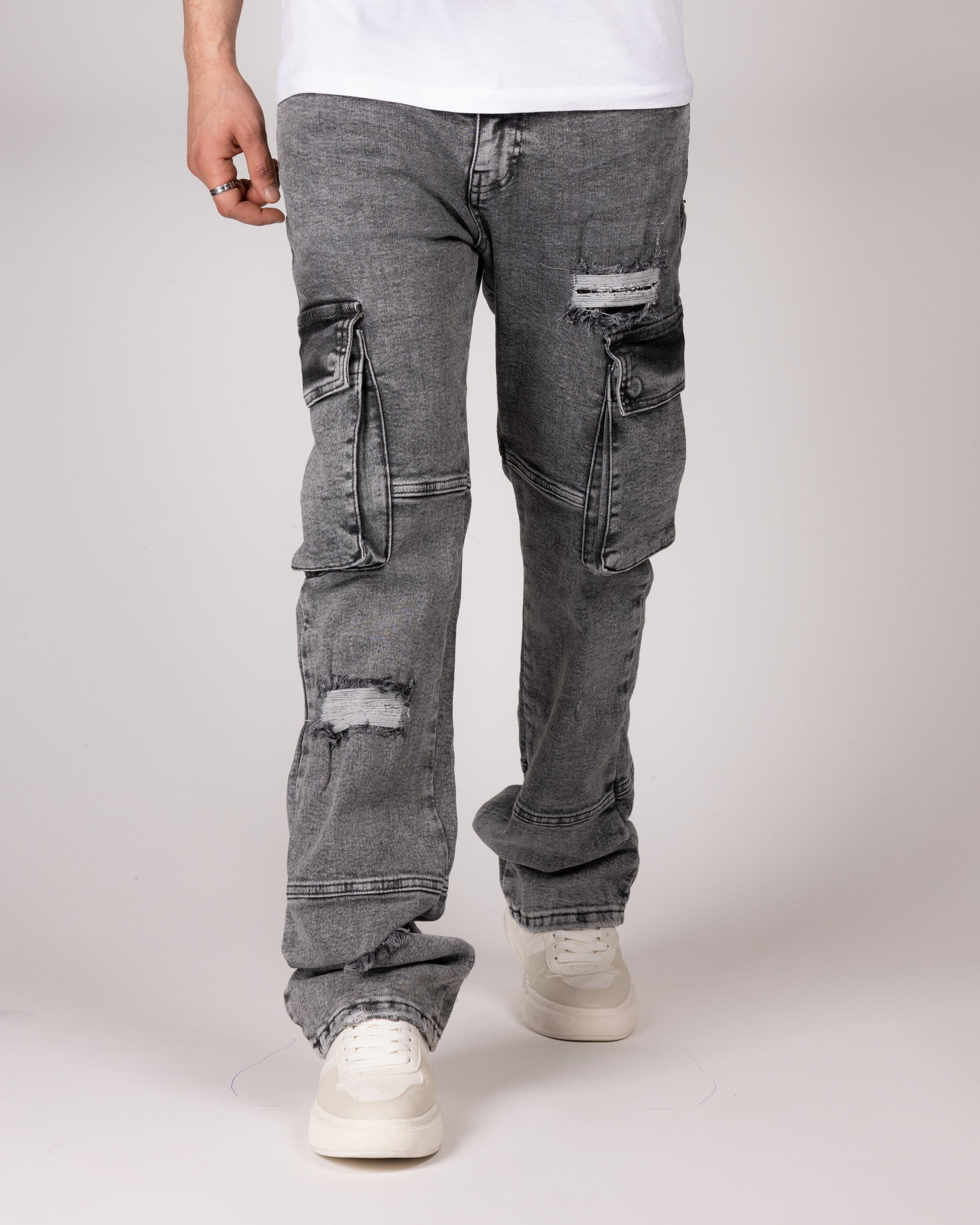 Distressed Grey Cargo Jeans With Utility Pockets