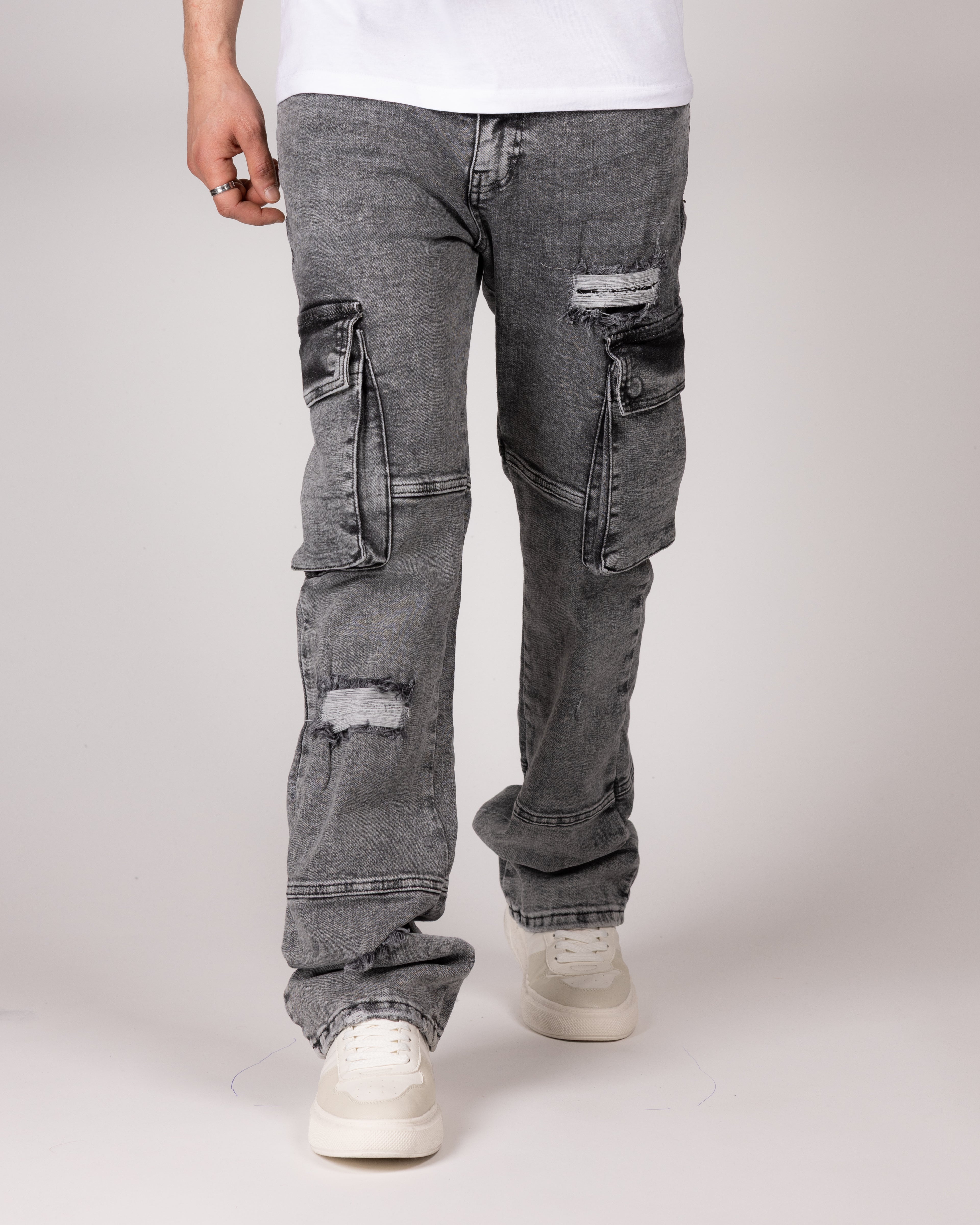 Distressed Grey Cargo Jeans With Utility Pockets