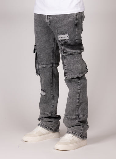 Distressed Grey Cargo Jeans With Utility Pockets