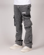 Distressed Grey Cargo Jeans With Utility Pockets