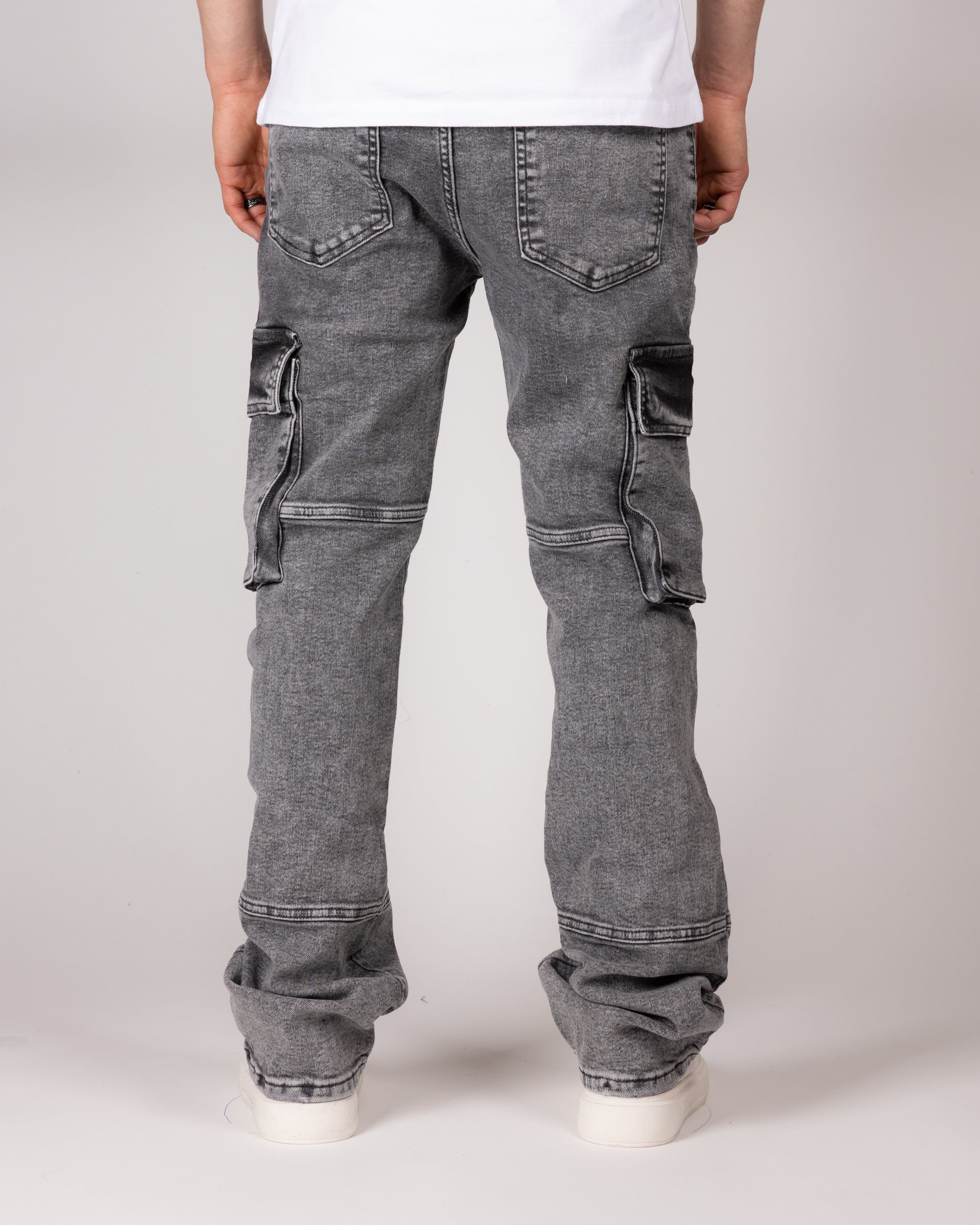 Distressed Grey Cargo Jeans With Utility Pockets