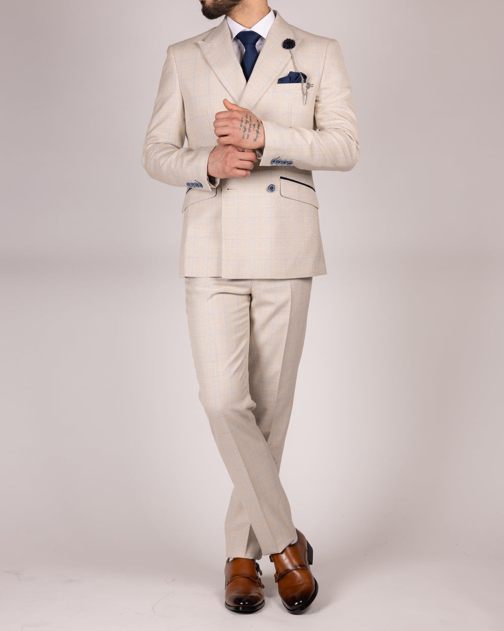 Caridi - Beige Slim Fit Double Breasted Blazer