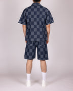 Blue Checkerboard Denim Shirt and Short Set