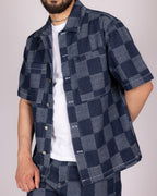 Blue Checkerboard Denim Shirt and Short Set