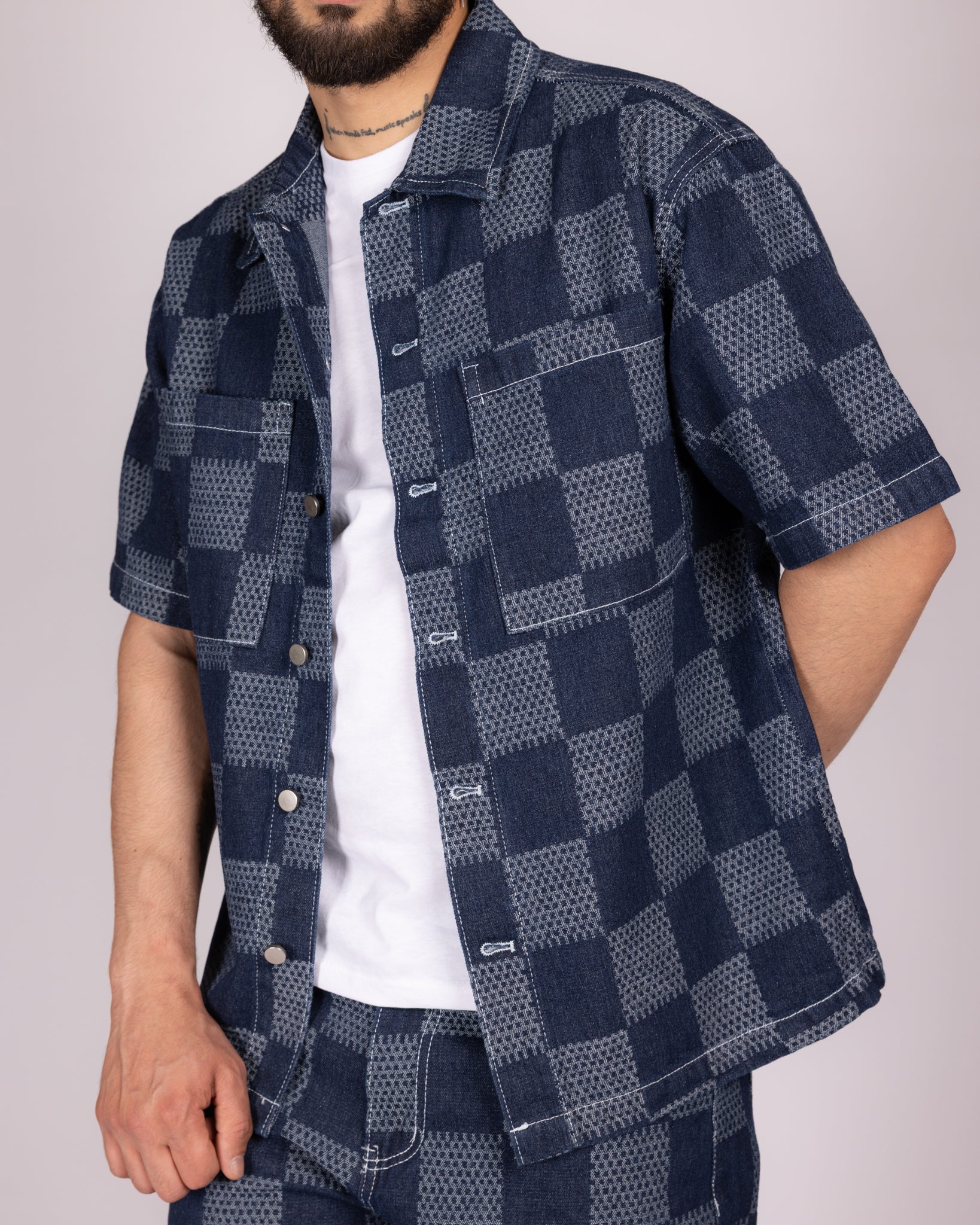 Blue Checkerboard Denim Shirt and Short Set
