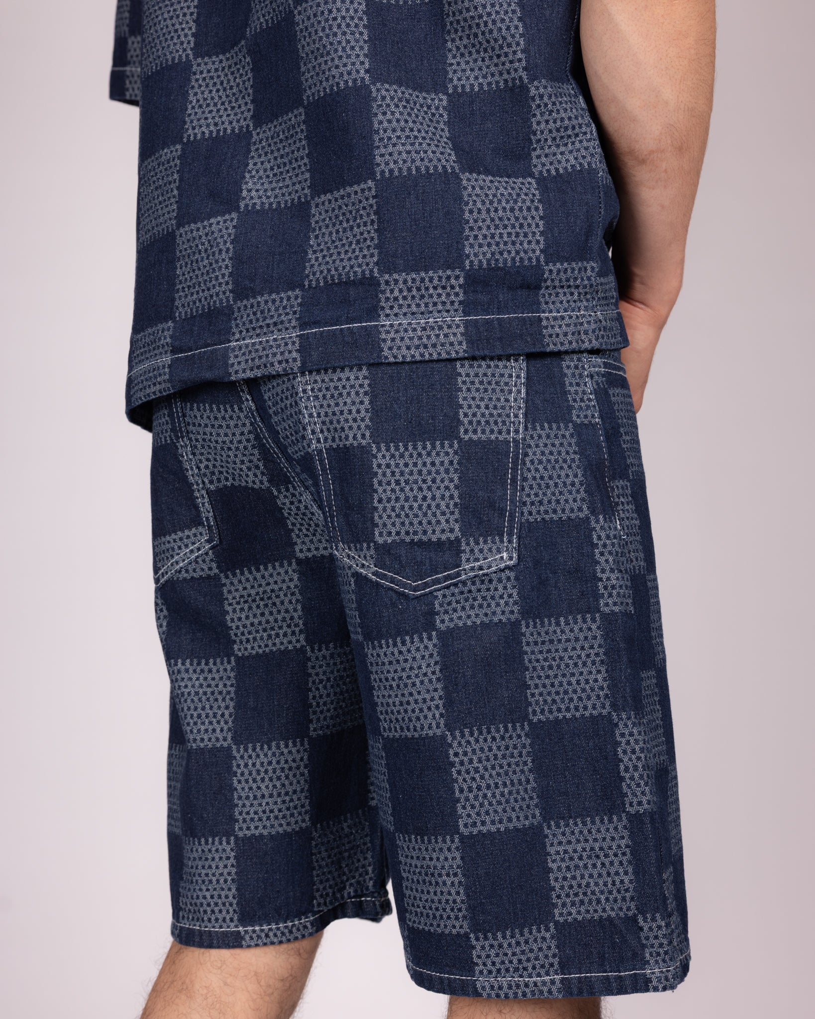 Blue Checkerboard Denim Shirt and Short Set