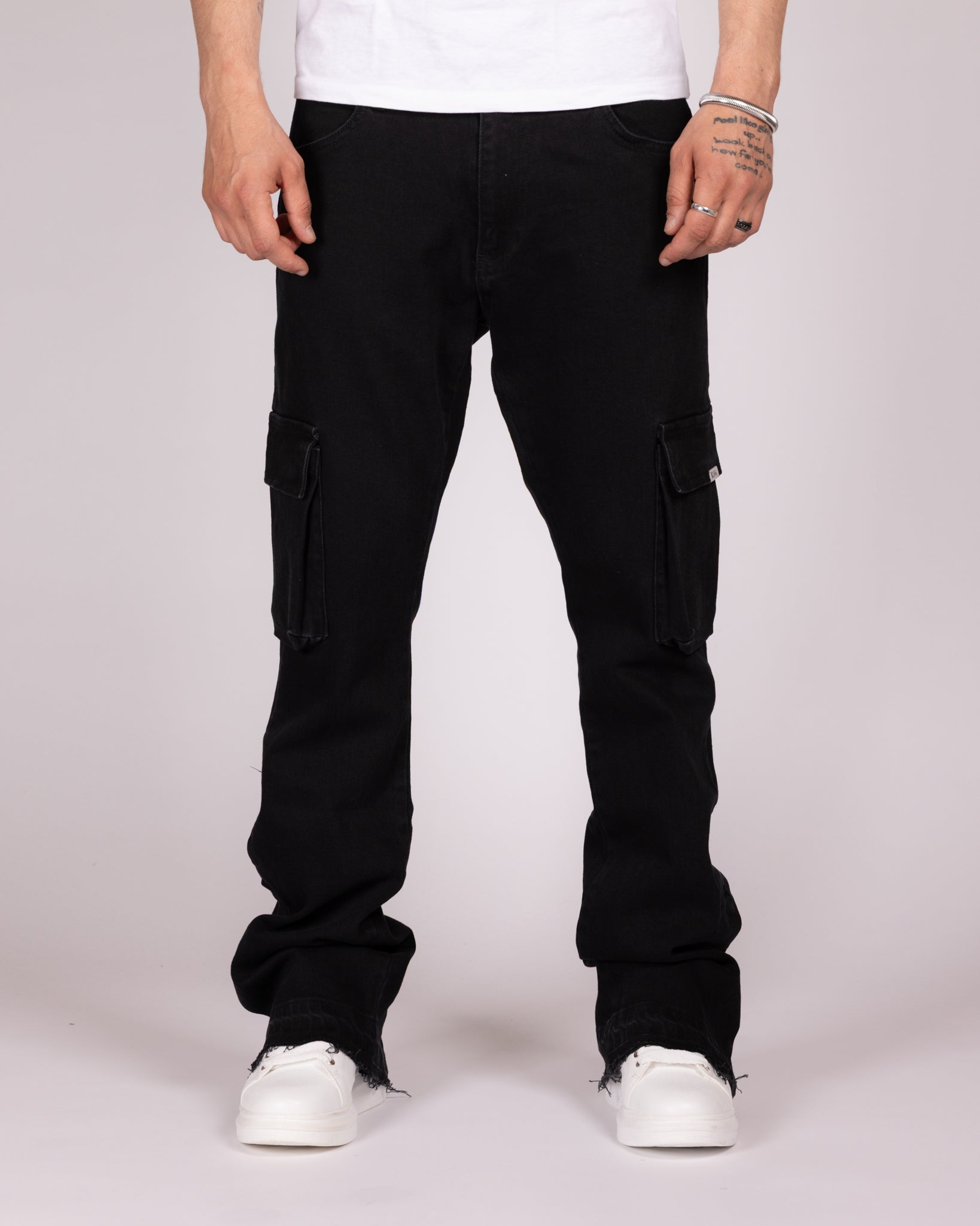 Flared Cargo Jeans with Raw Hem and Side Pockets
