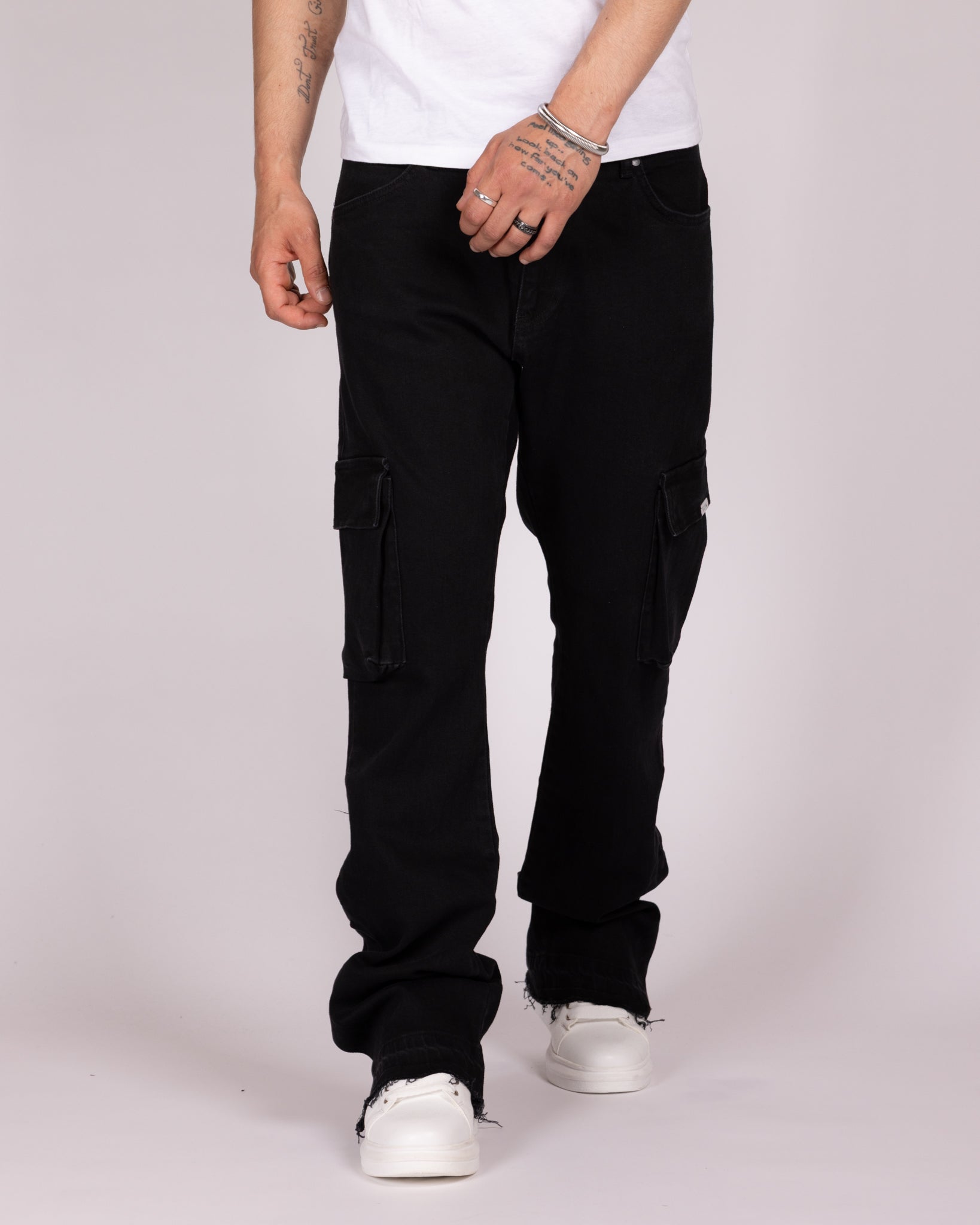 Flared Cargo Jeans with Raw Hem and Side Pockets