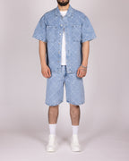 Wavy Stitch Detailing Denim Shirt and Shorts Set