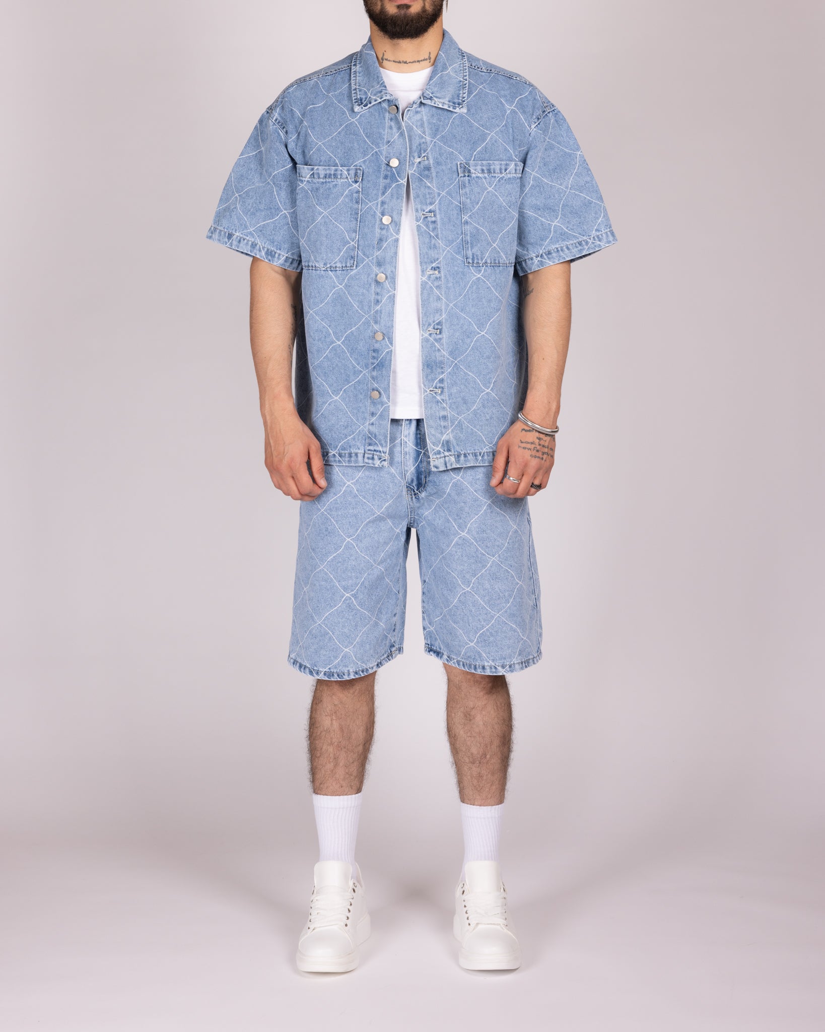Wavy Stitch Detailing Denim Shirt and Shorts Set